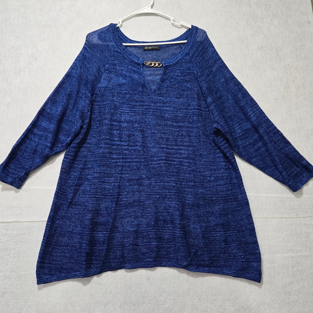 INC‎ International Concepts Women Blue Metallic Knit V-Neck Pullover Sweater Top